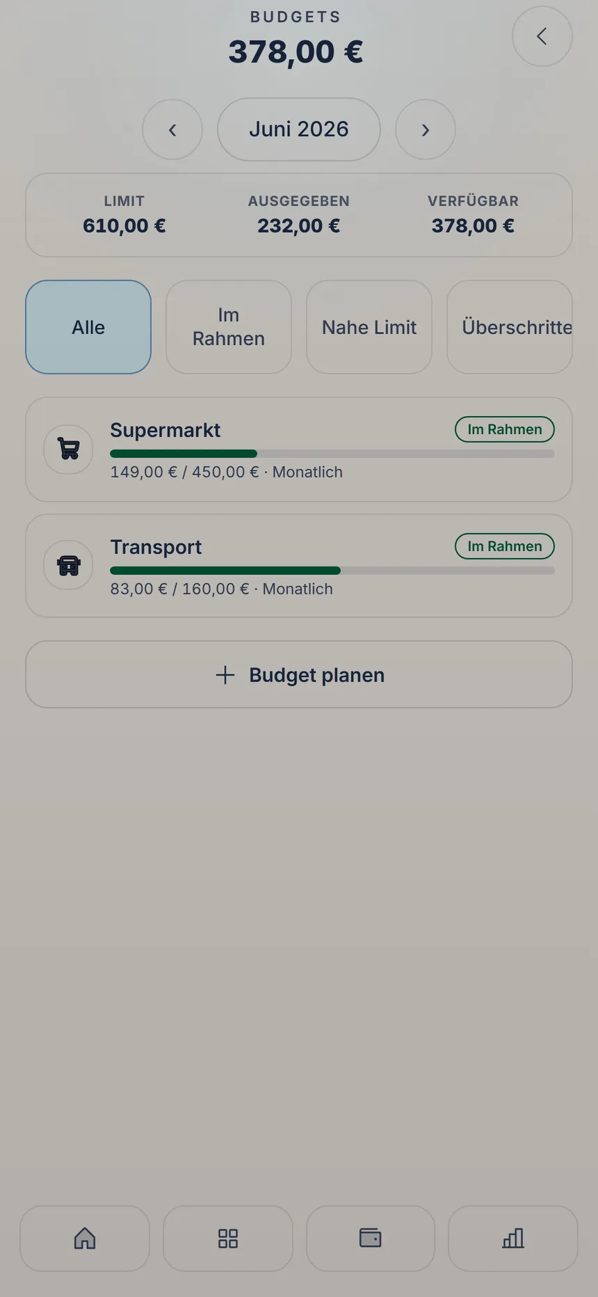Budgets mit zwei Monatsbudgets und dem Knopf Budget planen