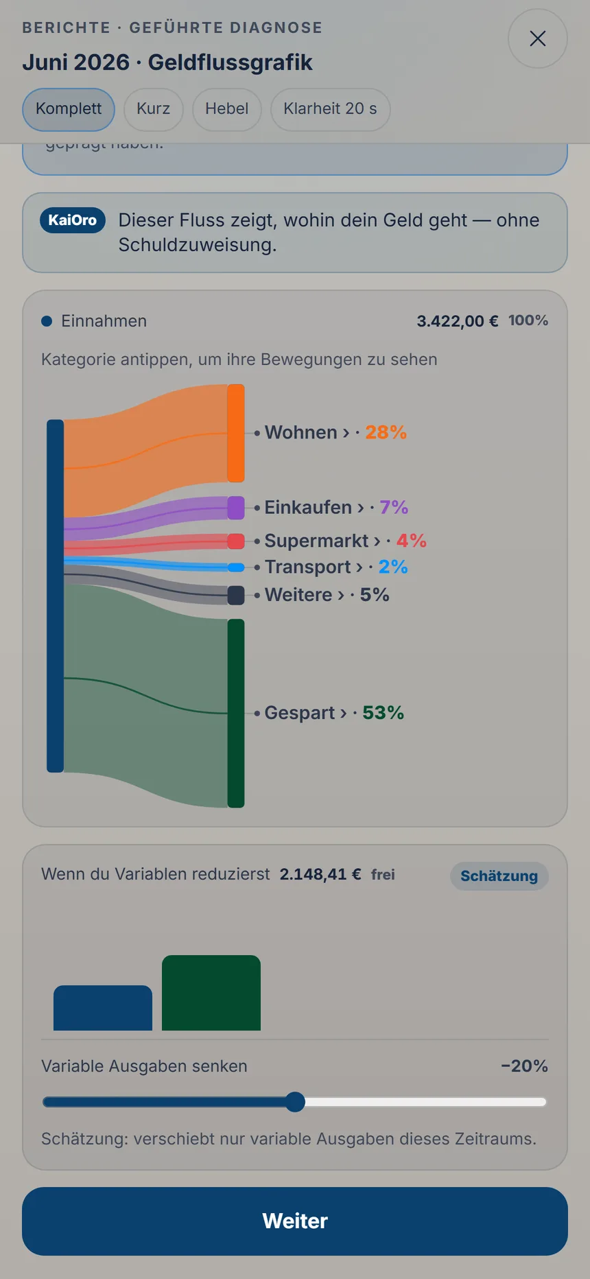 Schritt der geführten Diagnose mit dem Geldfluss von den Einnahmen zu den Ausgabenkategorien