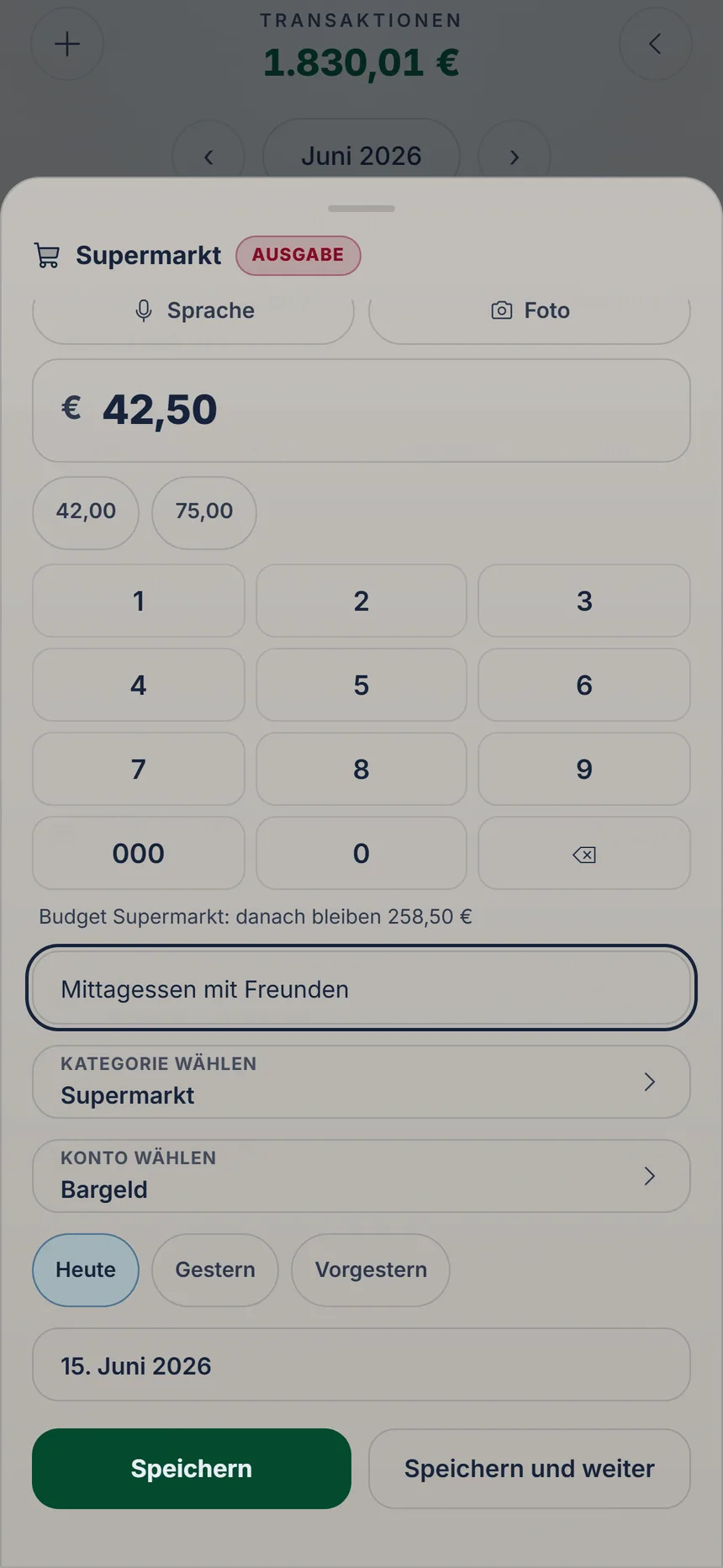 Vollständiges Formular einer Ausgabe mit Notiz, Konto, Datum und den Knöpfen Speichern und Speichern und weiter