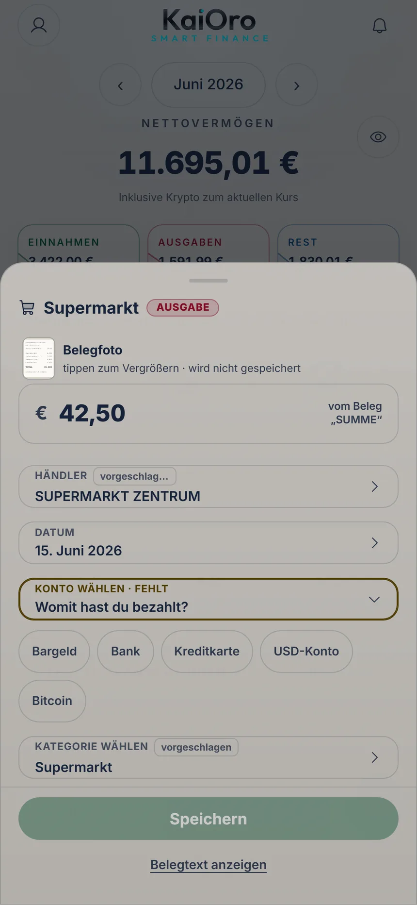 Prüfung eines fotografierten Belegs: Summe 42,50 € von Supermarkt Zentrum