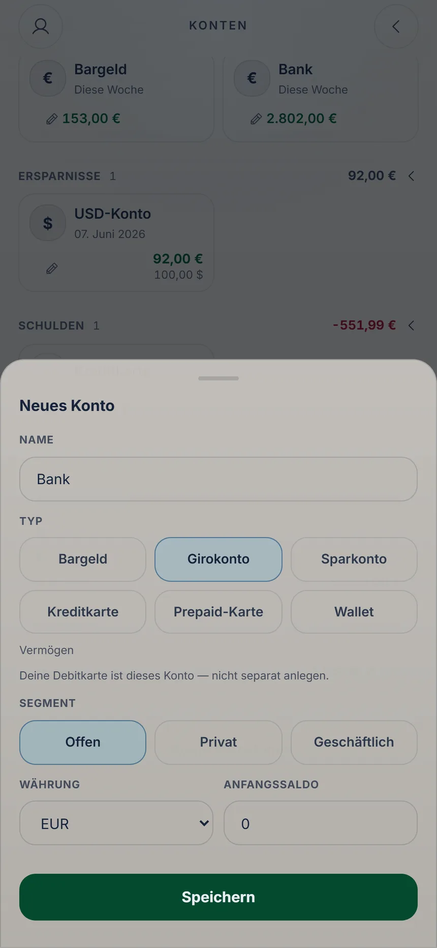 Formular zum Anlegen eines Kontos mit Name, Typ und Anfangssaldo
