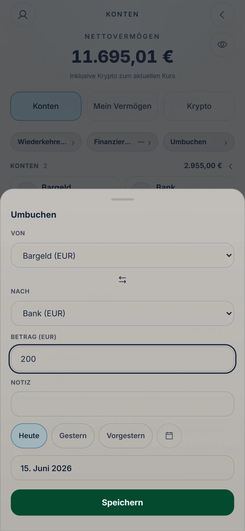 Umbuchung von Bargeld auf ein Bankkonto mit eingegebenem Betrag