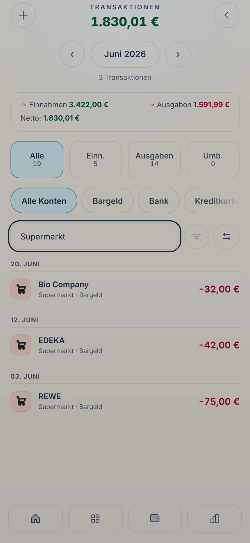 Transaktionsliste mit geöffneter Suche und einem Treffer