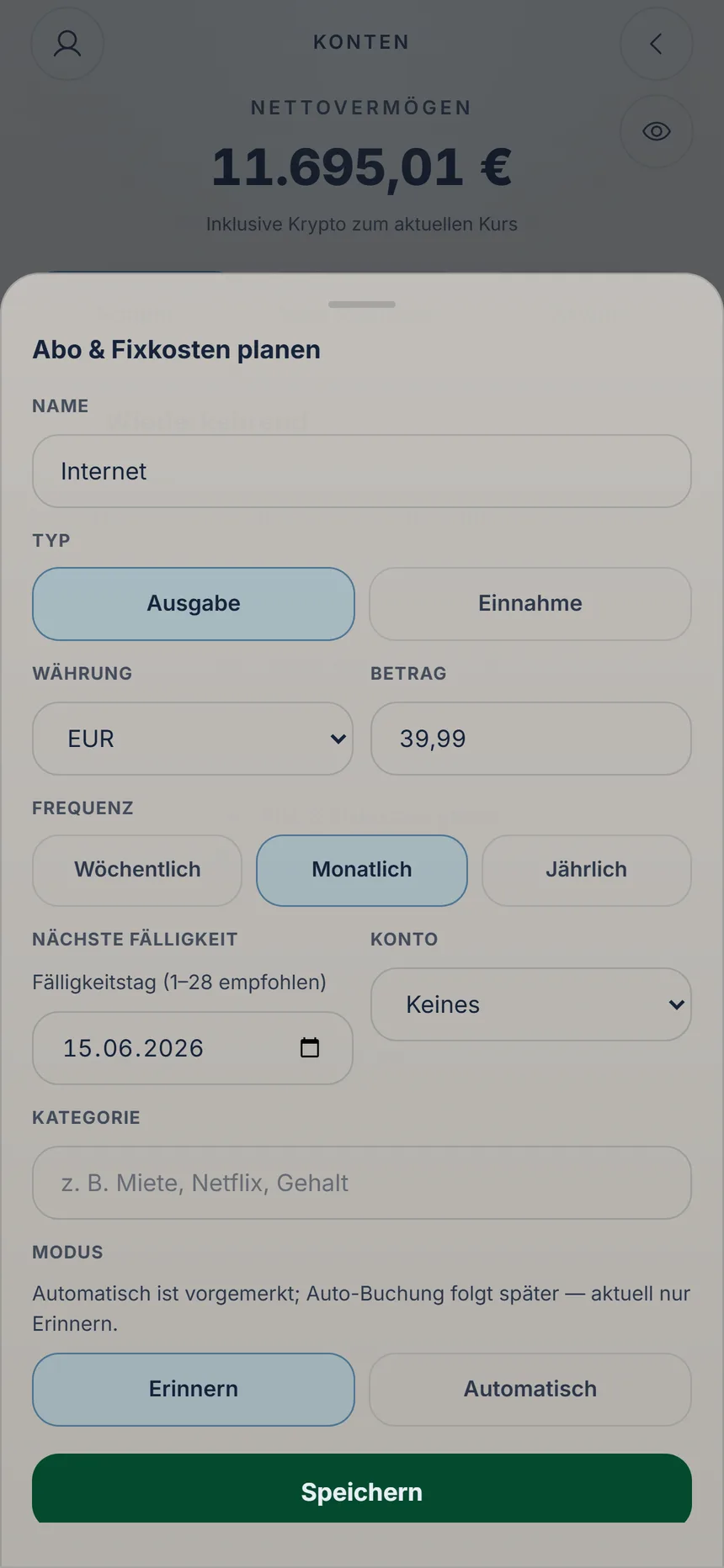 Formular einer monatlichen Zahlung mit Betrag, nächster Fälligkeit und Konto