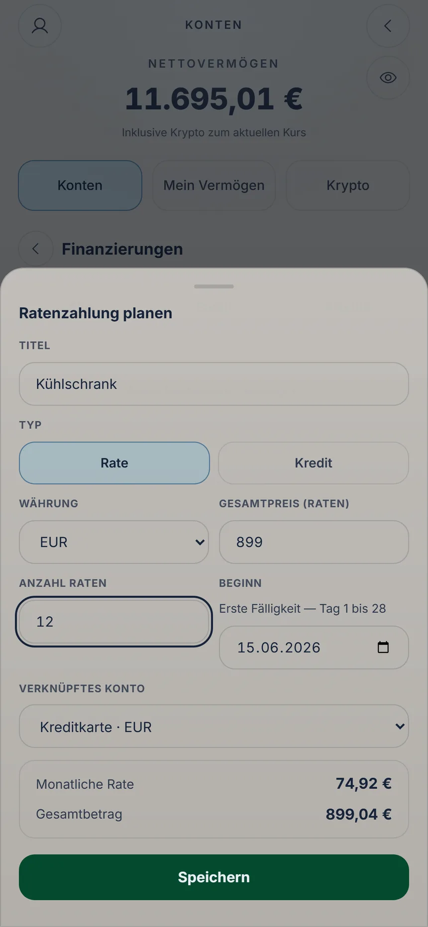 Ratenplan mit Gesamtpreis, 12 Raten, verknüpfter Karte und berechneter Monatsrate