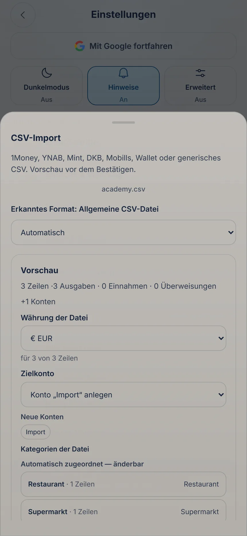 Vorschau eines CSV-Imports mit Währung der Datei, Zielkonto und Kategorien