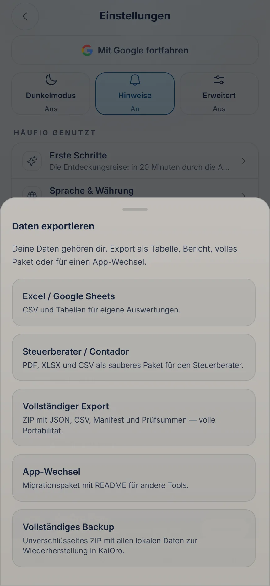 Export-Center mit den Export-Optionen und dem vollständigen Backup