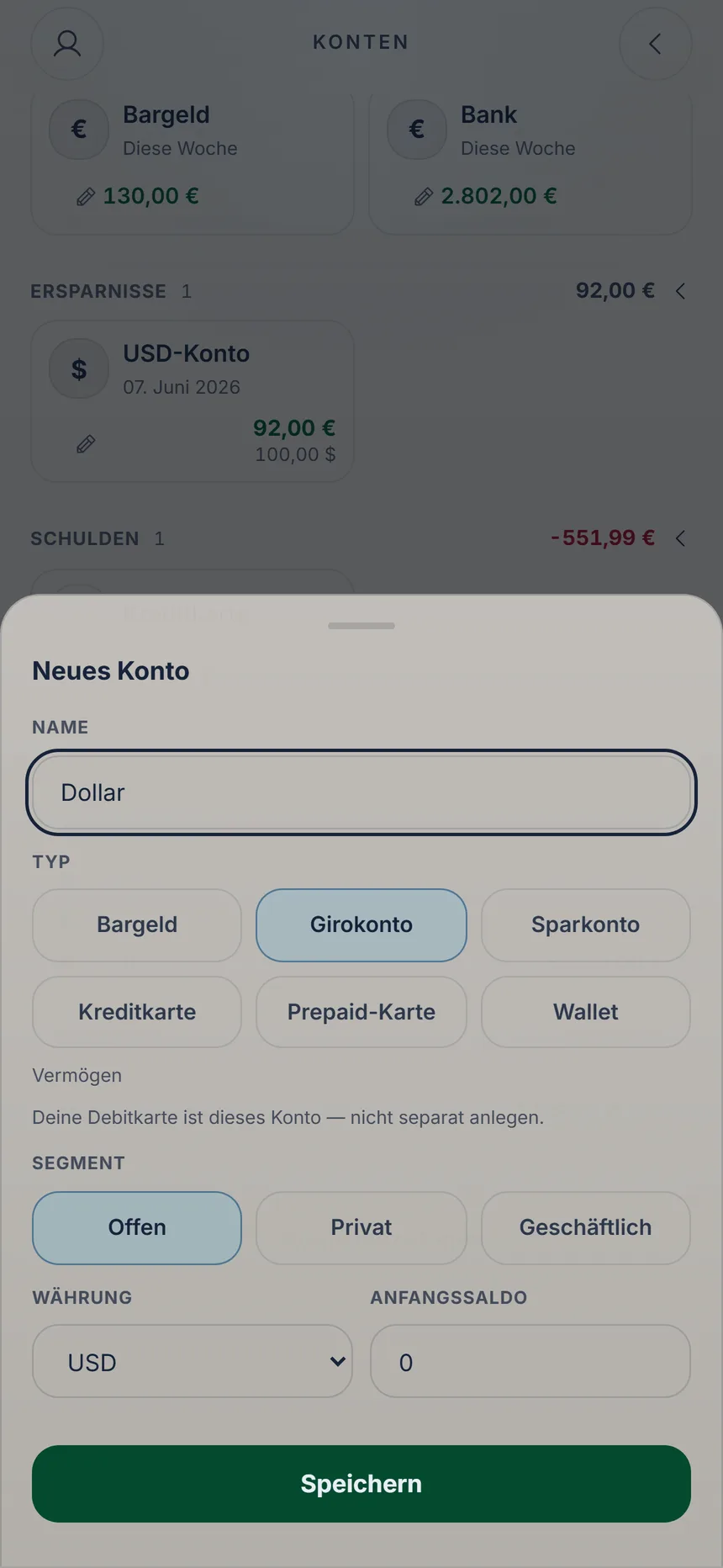 Formular eines neuen Kontos mit gewählter Währung USD