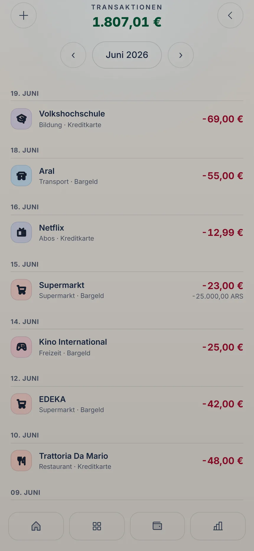 Transaktionsliste mit einer Ausgabe in der Basiswährung oben und dem ursprünglichen Betrag in argentinischen Pesos darunter