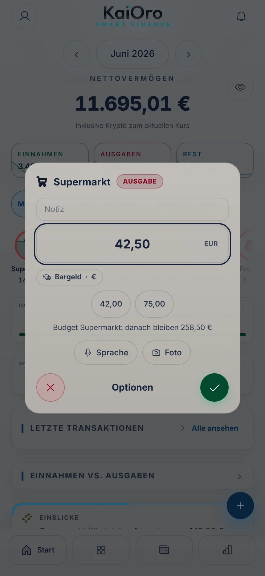 Schnelleingabe für Supermarkt mit eingegebenem Betrag und dem Knopf ✓ zum Speichern