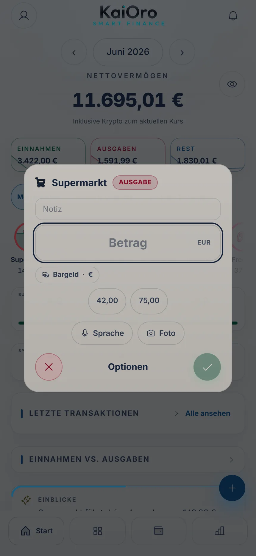 Schnelleingabe für Supermarkt mit dem Knopf Optionen unten