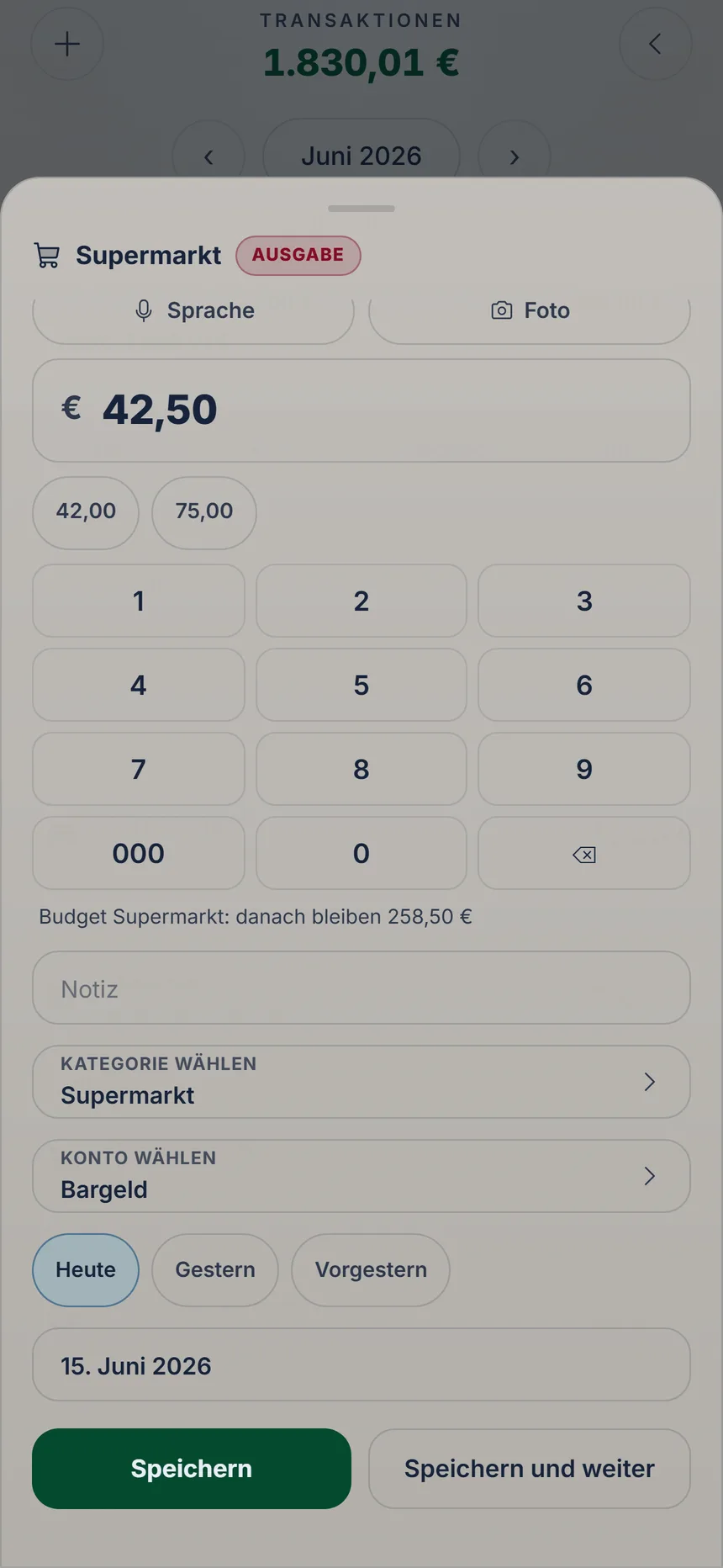 Vollständiges Formular einer Ausgabe mit Kategorie, Konto, Tag und den Knöpfen Speichern und Speichern und weiter