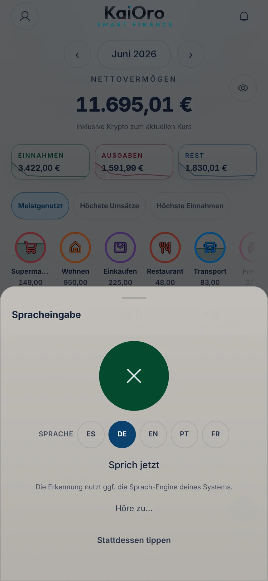 Spracheingabe hört zu, mit dem Hinweis zum Sprechen und dem Knopf zum Beenden