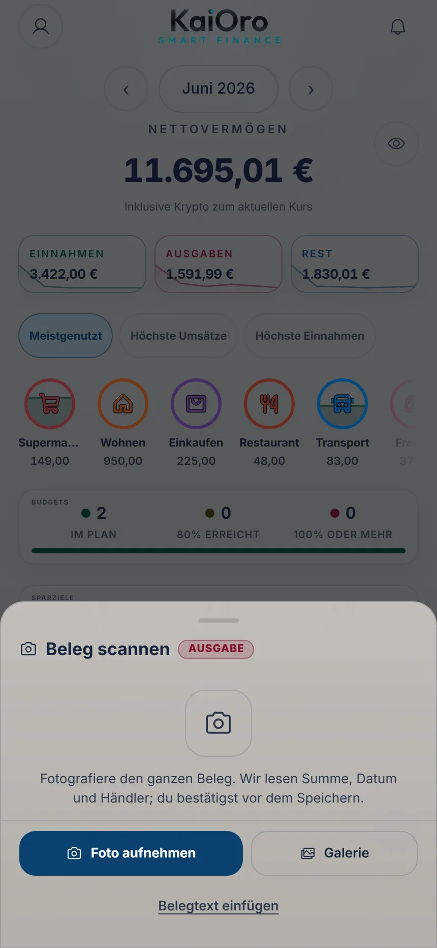 Beleg scannen mit den Knöpfen Foto aufnehmen und Galerie