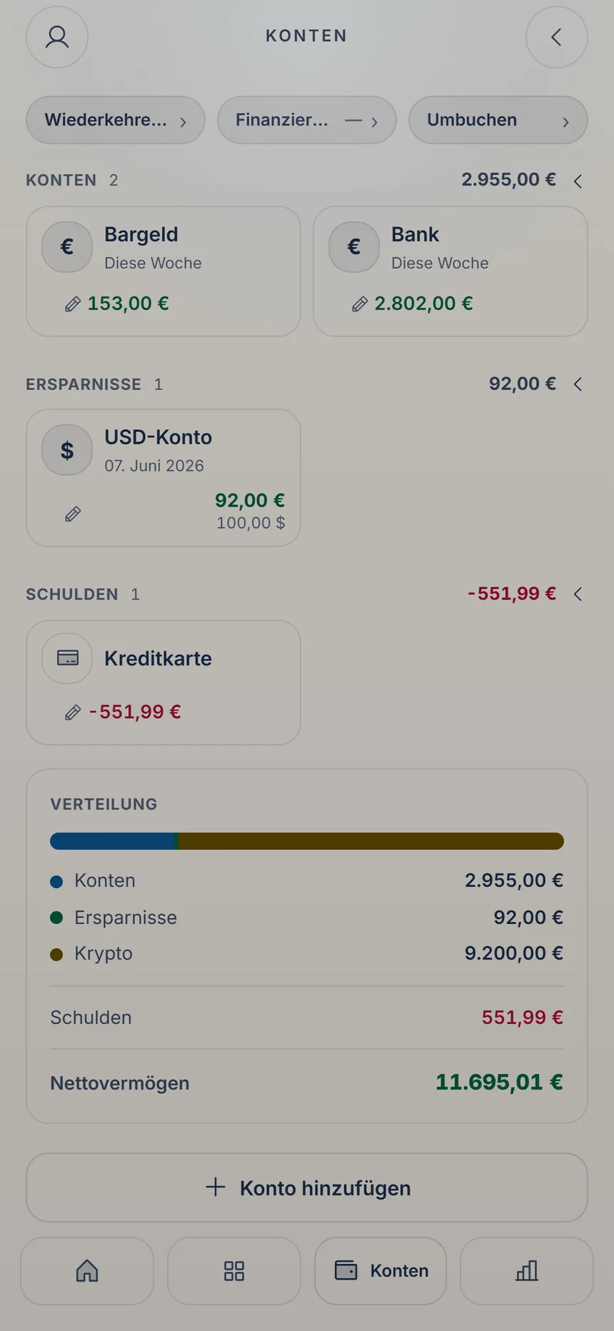 Konten mit deinen Konten und Karten und dem Knopf Konto hinzufügen