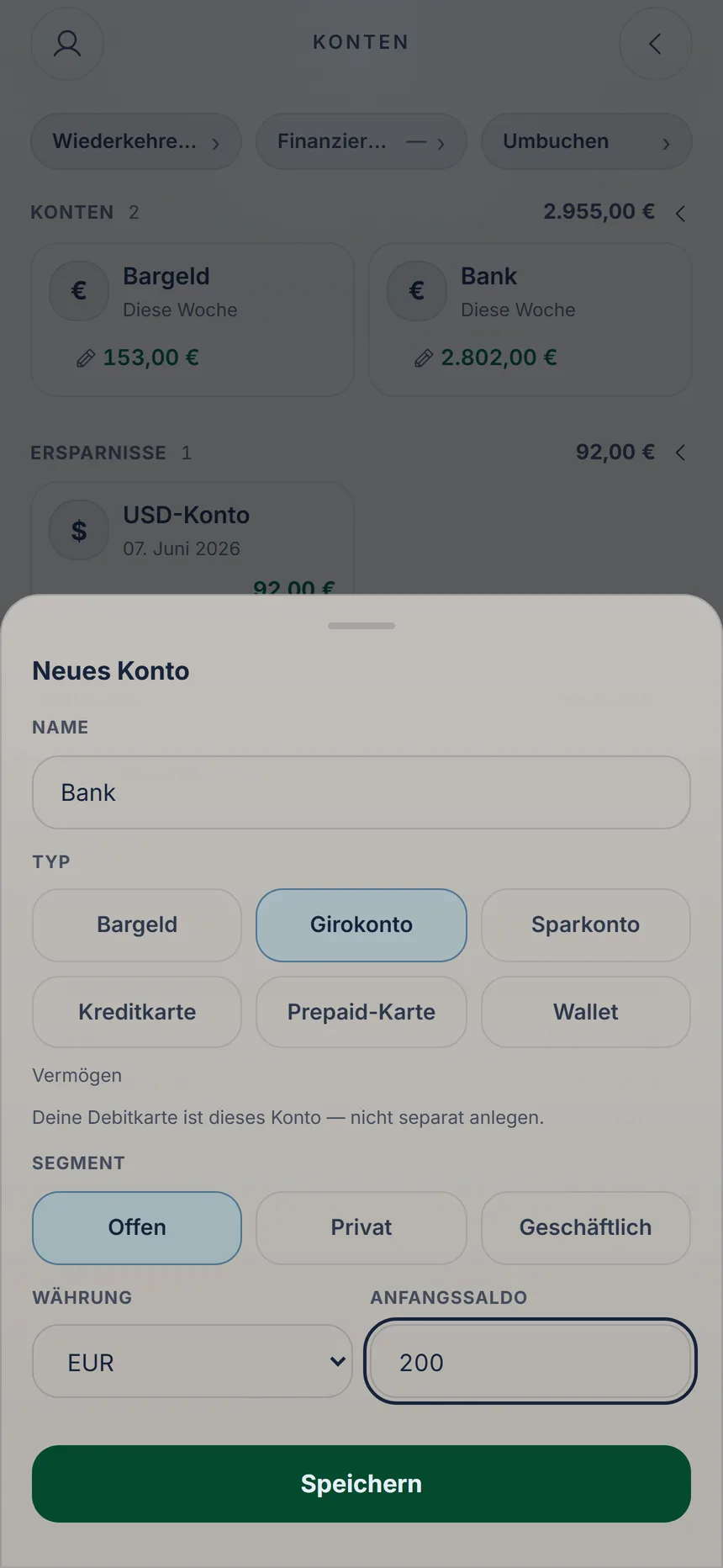 Formular eines neuen Kontos mit Name, Typ, Anfangssaldo und dem Knopf Speichern
