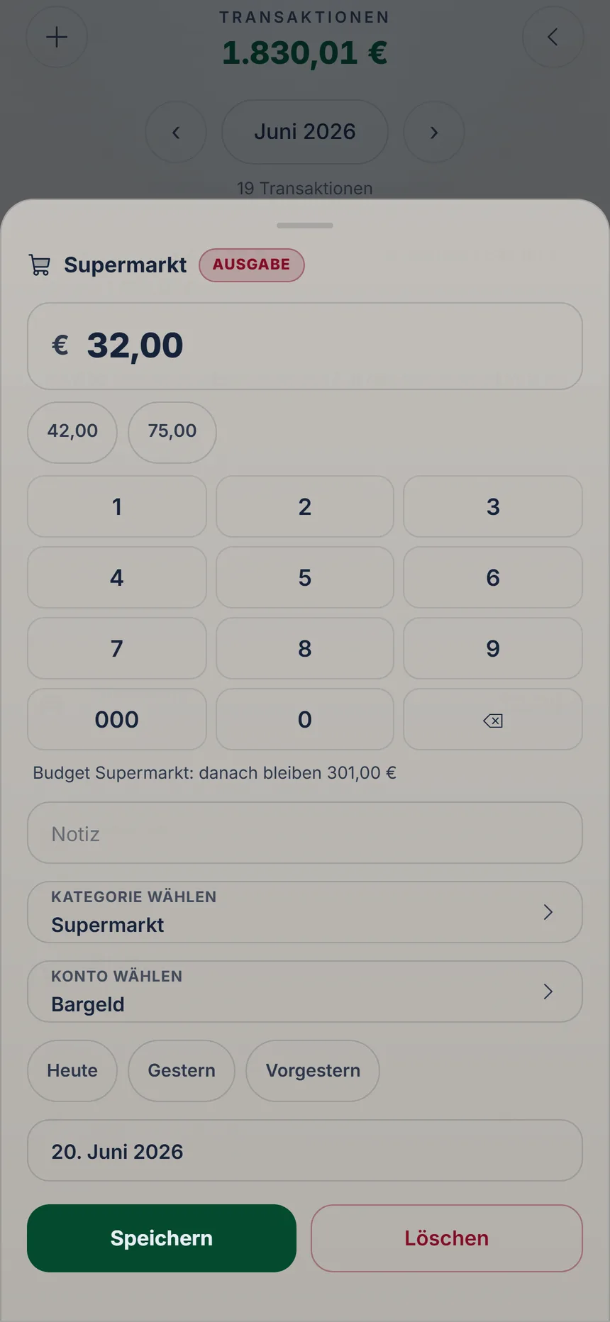Zum Korrigieren geöffnete Ausgabe mit den Knöpfen Speichern und Löschen
