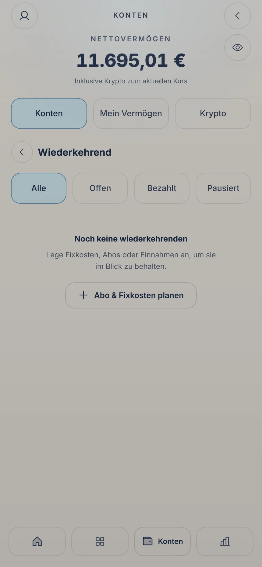 Noch leere Wiederkehrend-Ansicht mit dem Knopf zum Planen von Abos und Fixkosten