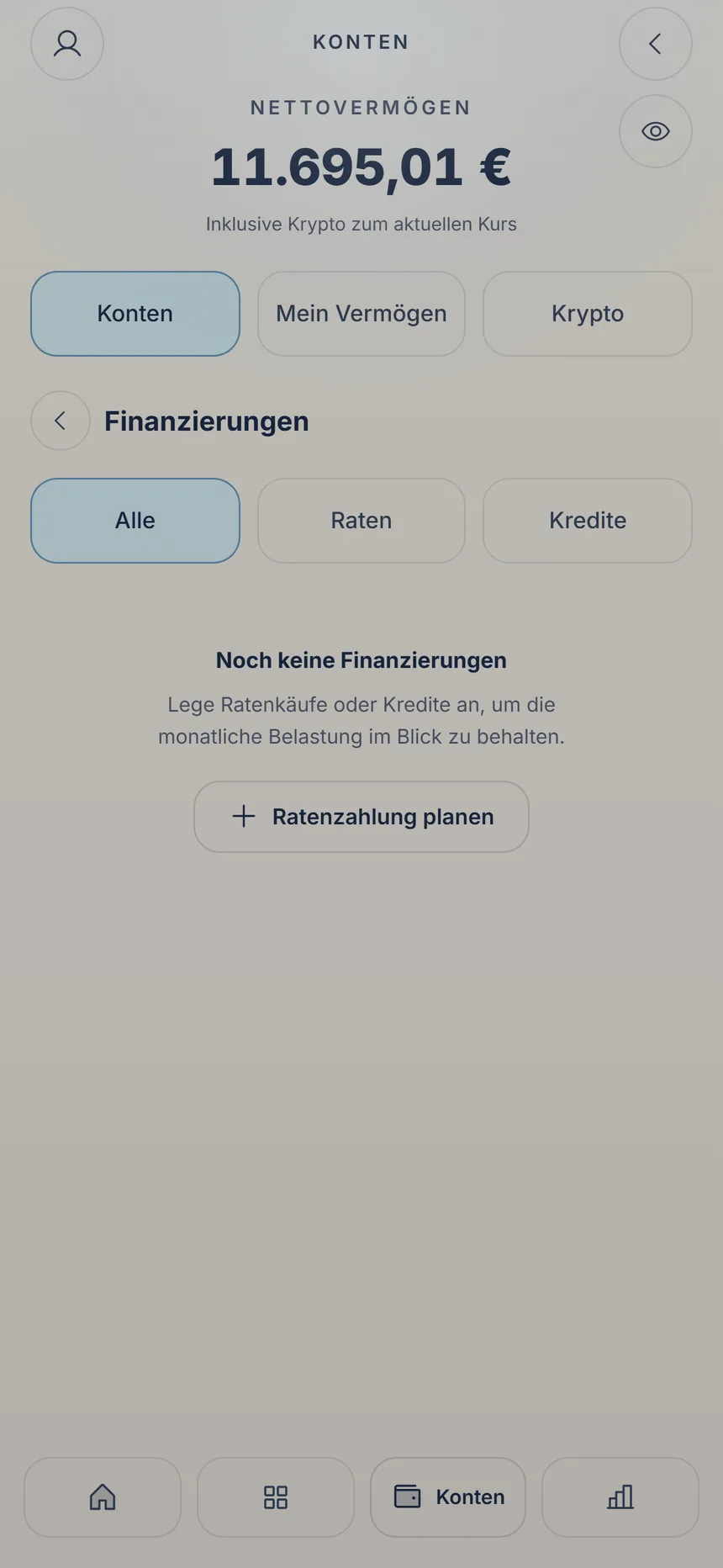 Noch leere Finanzierungen-Ansicht mit dem Knopf Ratenzahlung planen