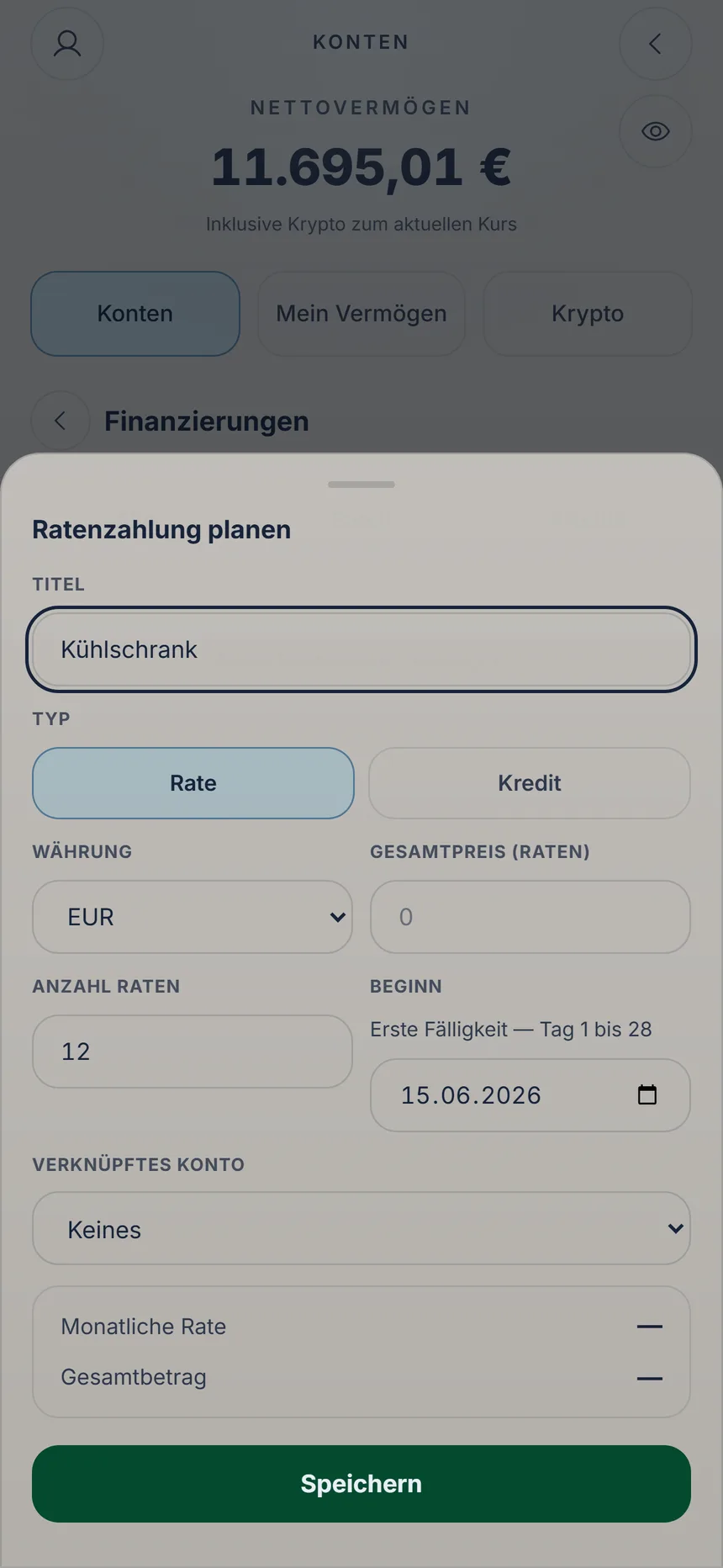 Formular für einen Ratenplan mit eingegebenem Titel, Typ, Gesamtpreis und Anzahl Raten