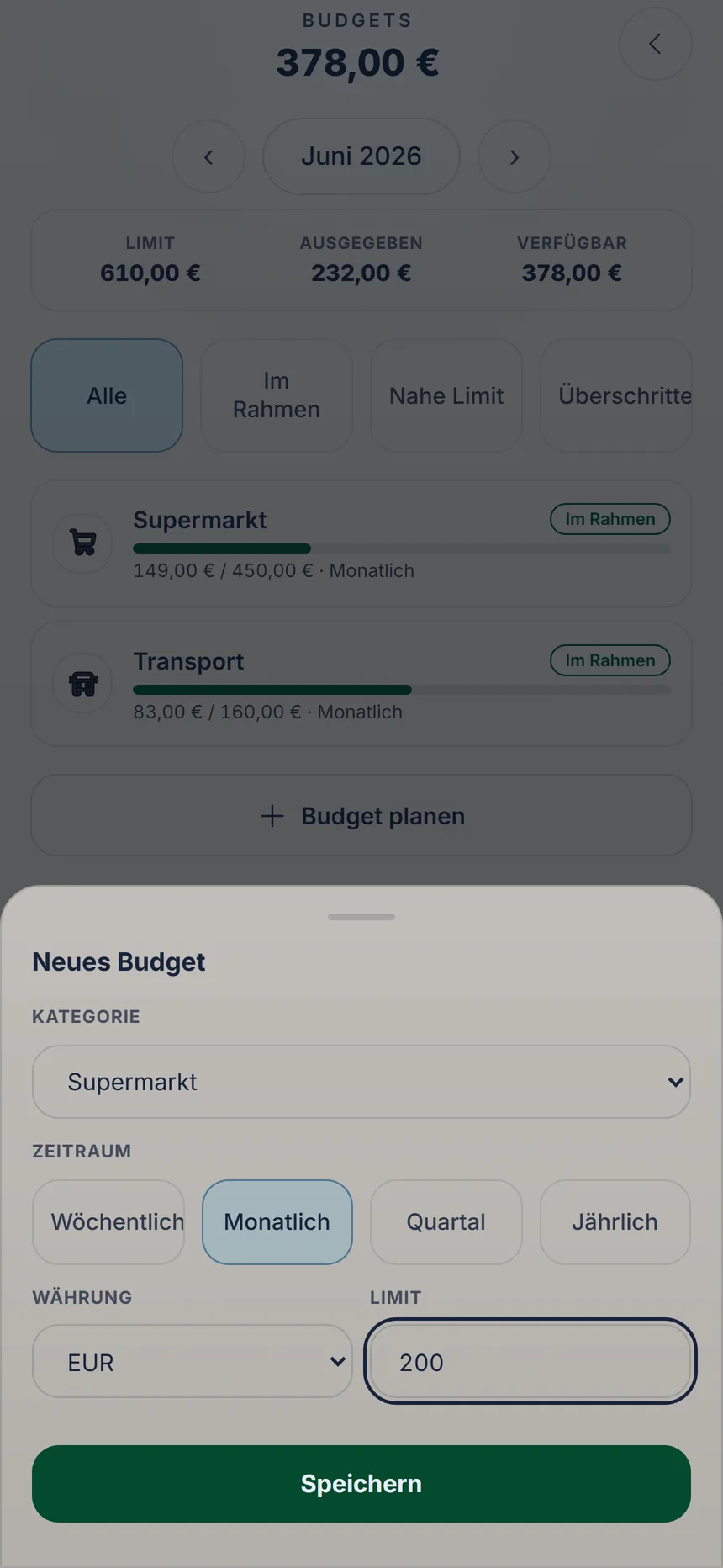 Formular eines neuen Budgets mit dem Zeitraum Monatlich, dem Limit und dem Knopf Speichern