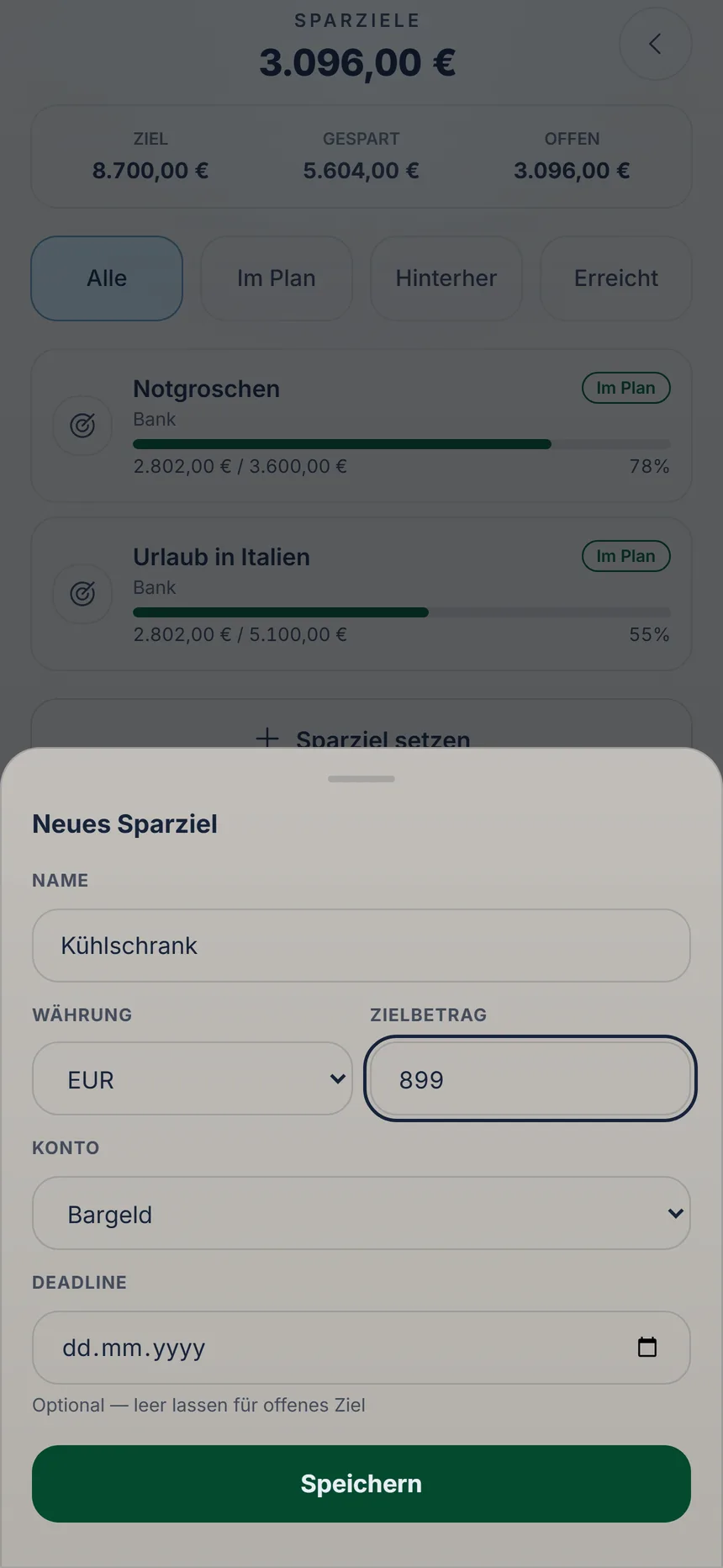 Formular eines neuen Sparziels mit Name, Währung, Betrag, Konto und dem Knopf Speichern
