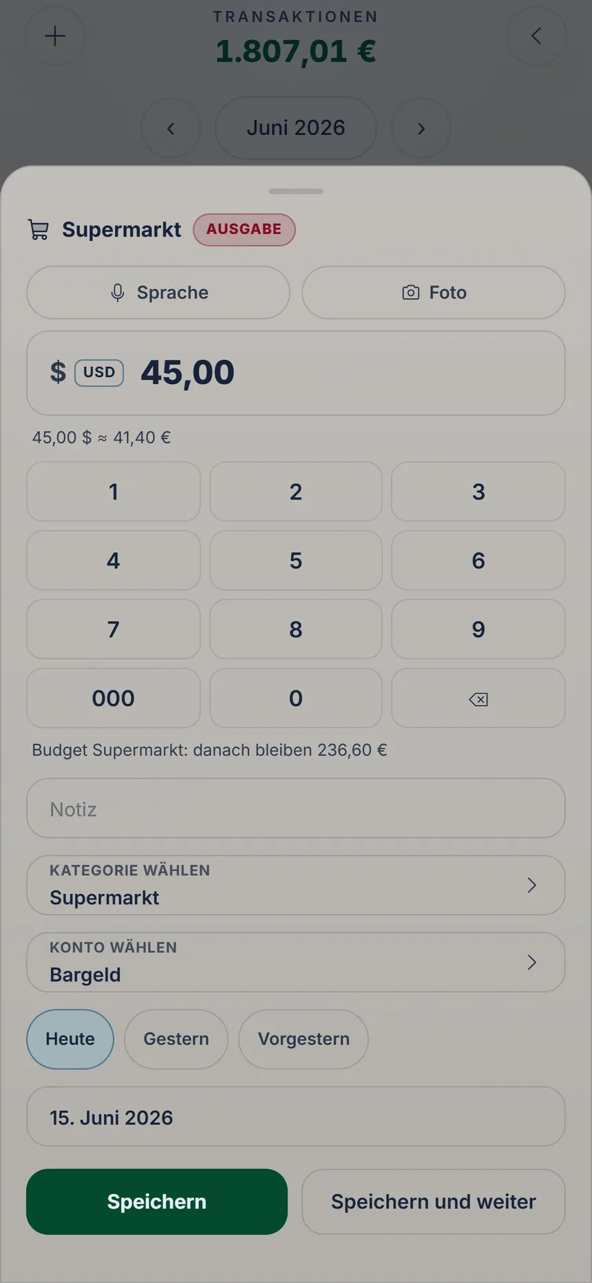 Vollständiges Formular einer Ausgabe in Dollar mit Umrechnung, Konto wählen und Tag