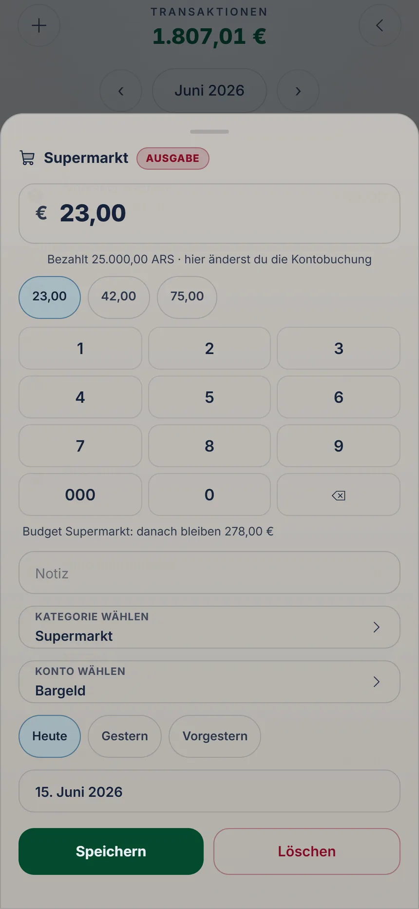 In fremder Währung bezahlte Ausgabe zum Korrigieren geöffnet, mit dem Knopf Speichern