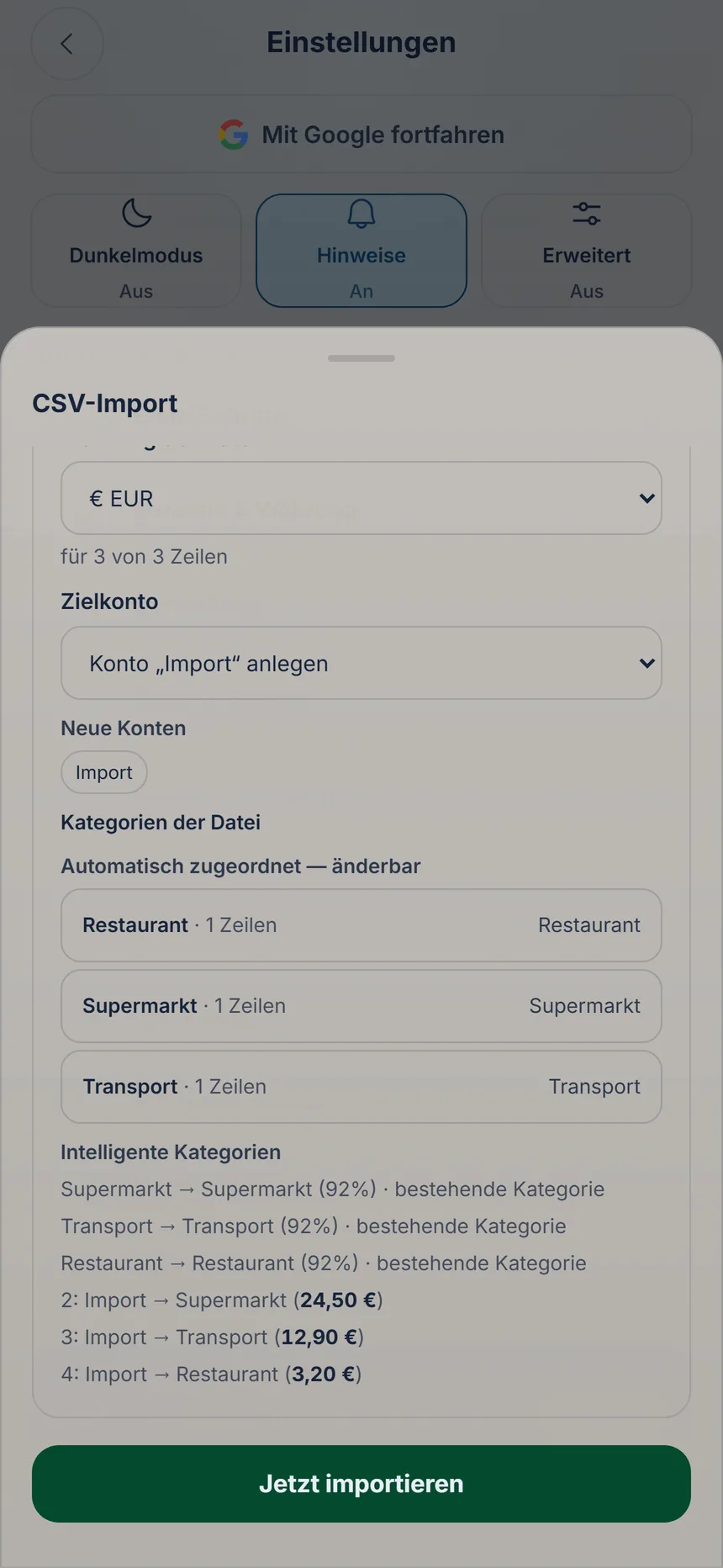 Vorschau des Imports mit den Kategorien und dem Knopf Jetzt importieren