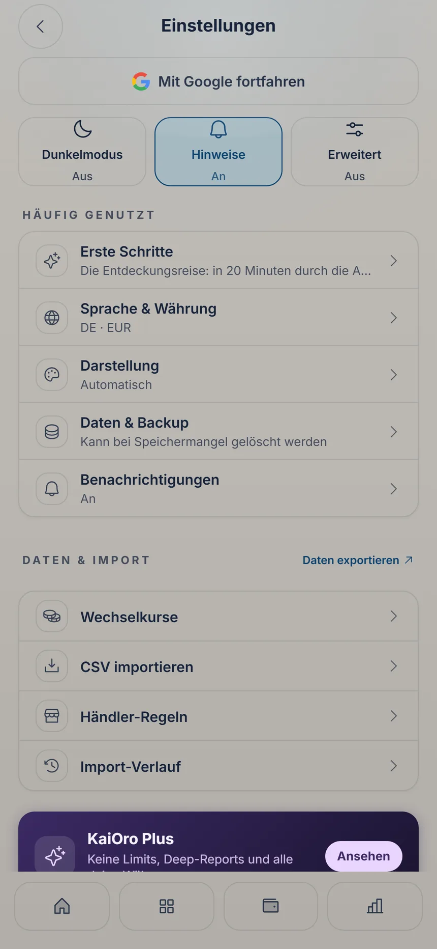 Einstellungen mit der Zeile Daten & Backup
