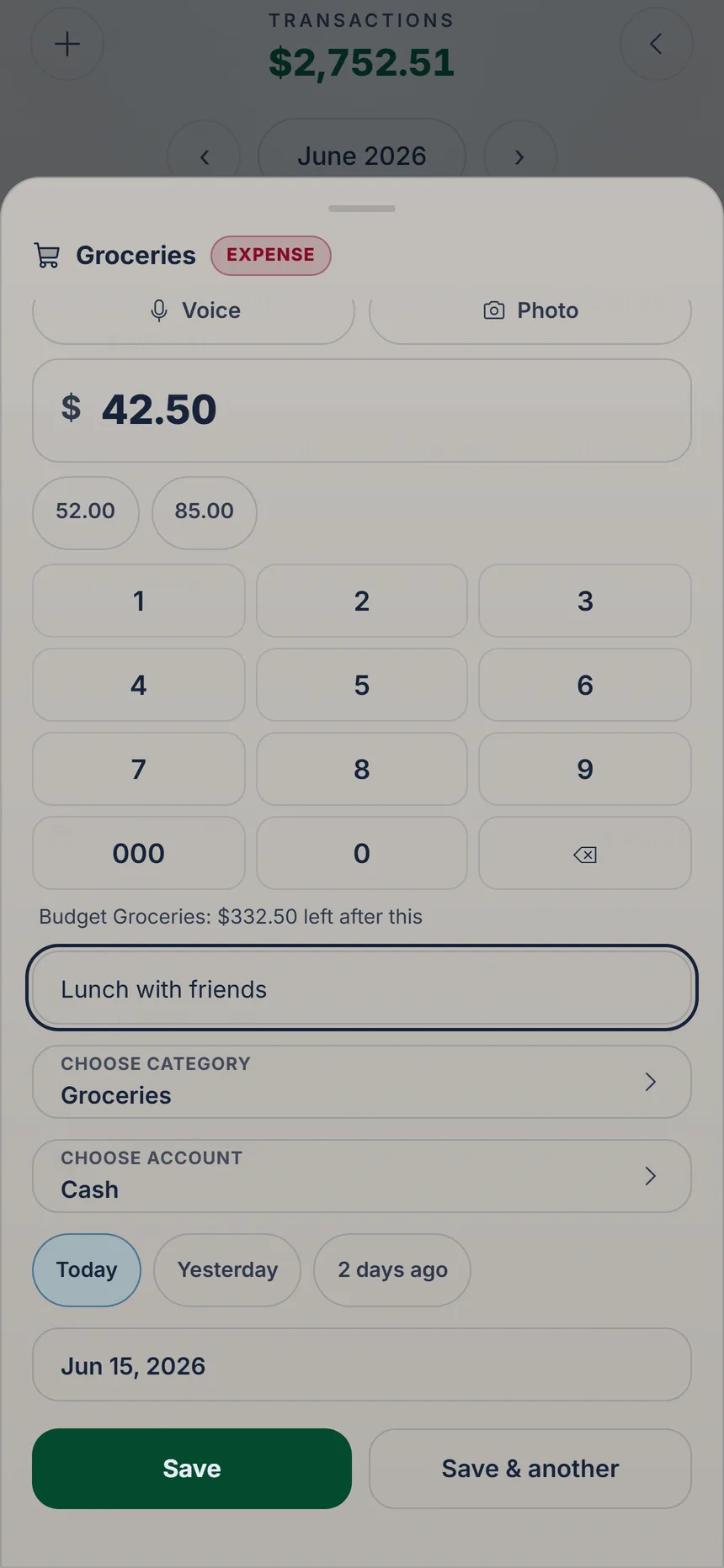 Full expense form with a note, account, date and the Save and Save & another buttons