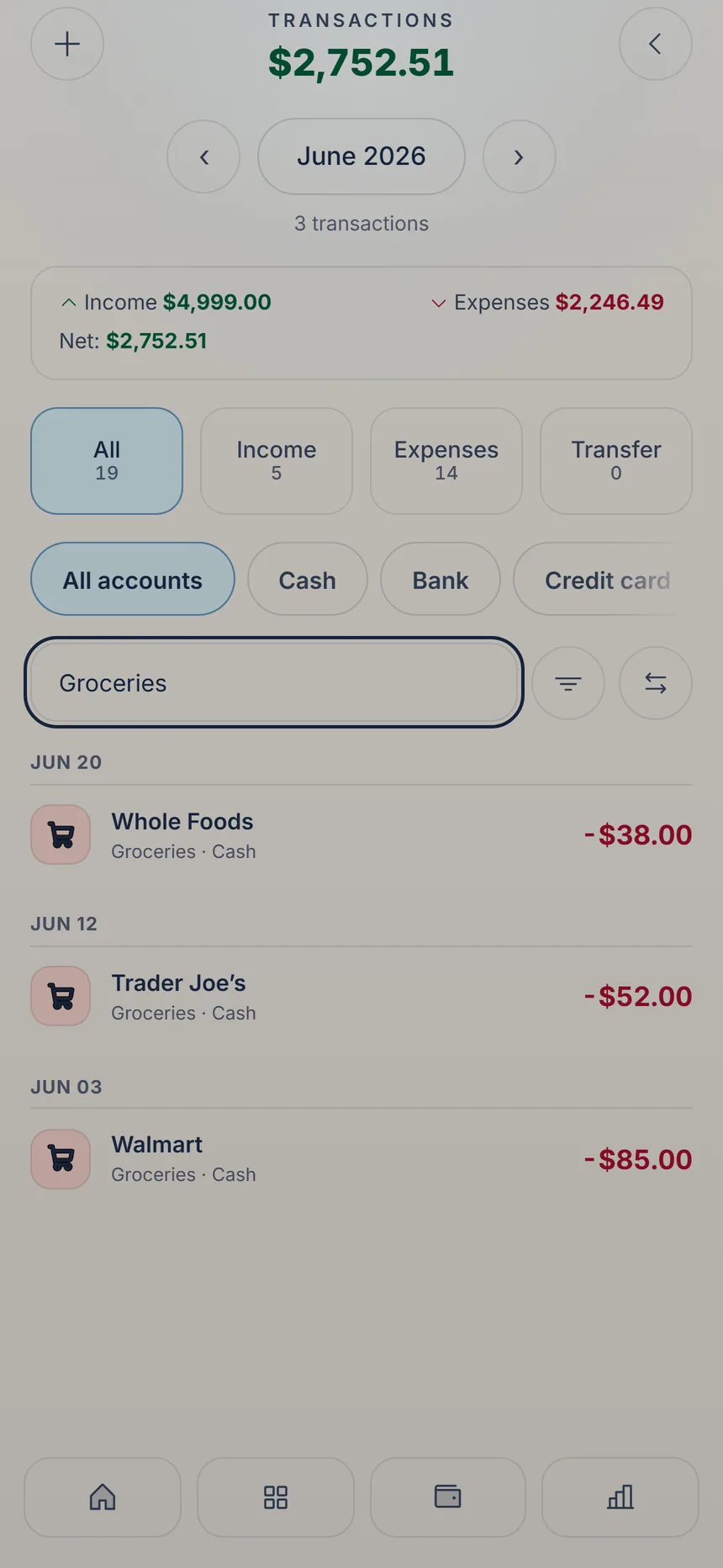 Transaction list with search open and one match found