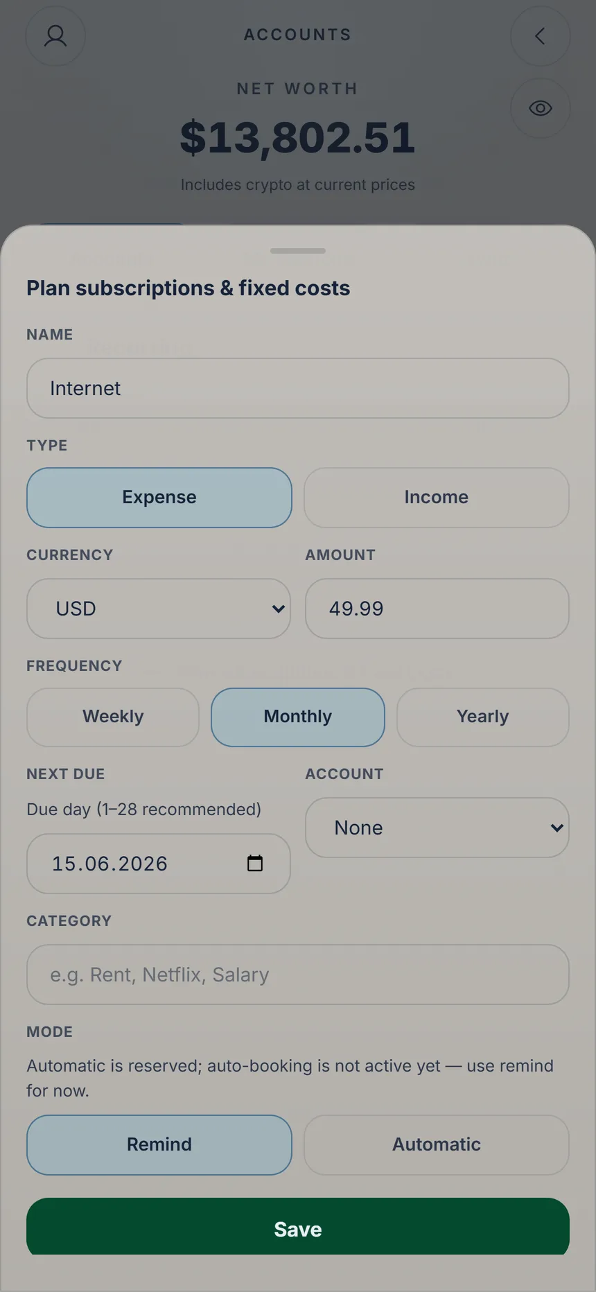 Form for a monthly payment with amount, next due date and account