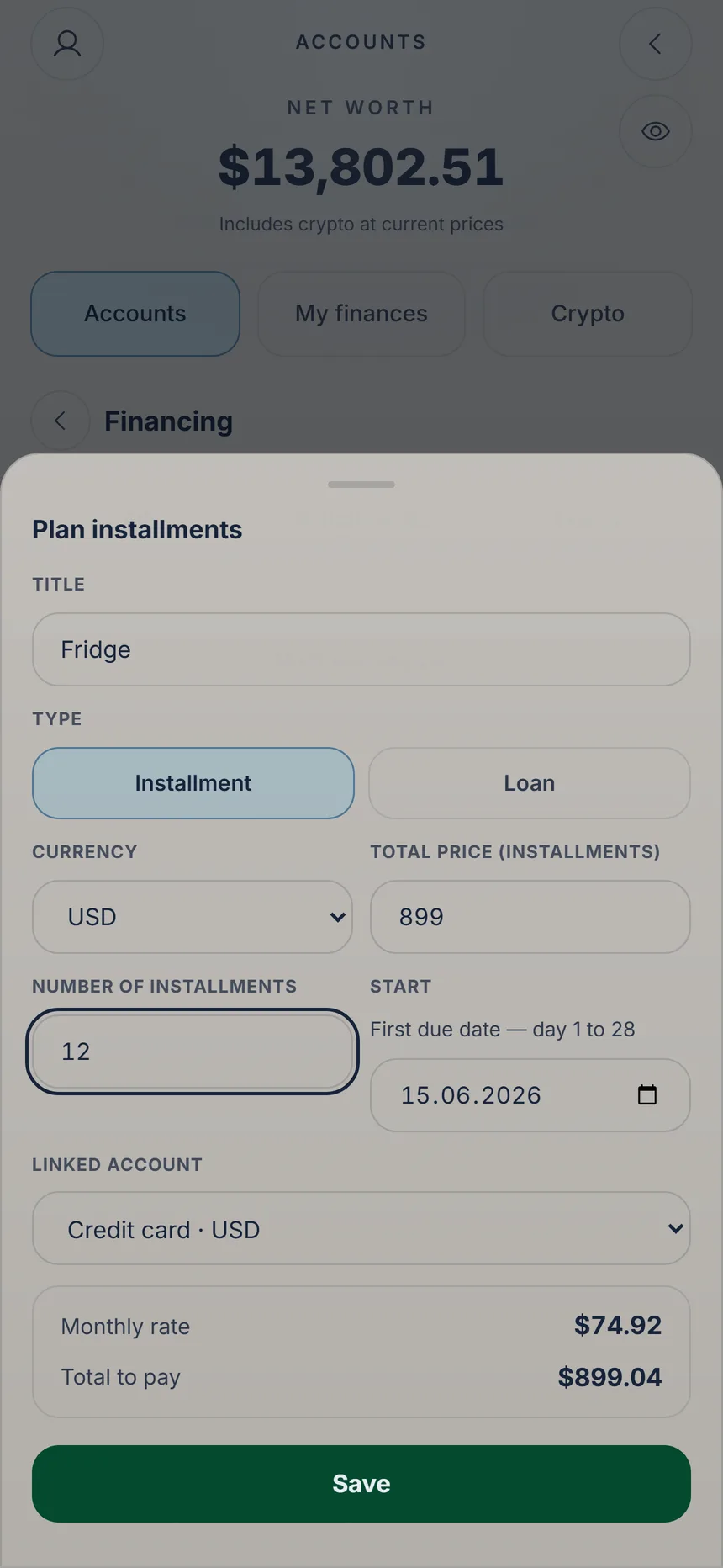 Installment plan with total price, 12 installments, linked card and calculated monthly amount