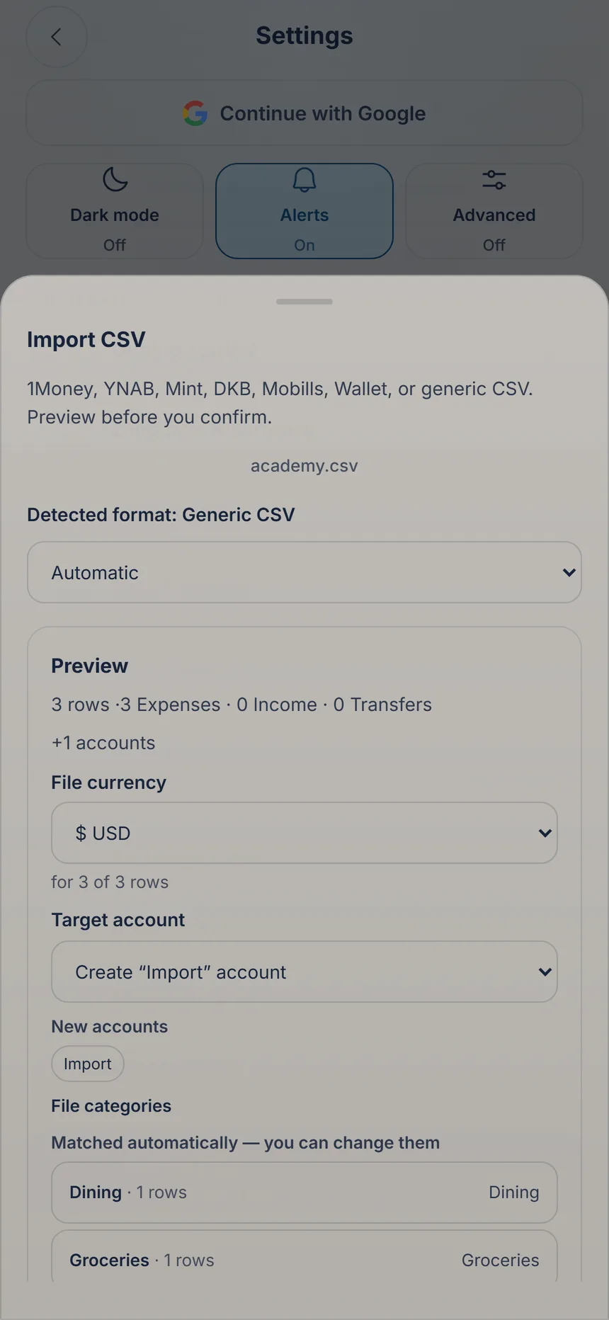 CSV import preview with file currency, destination account and categories