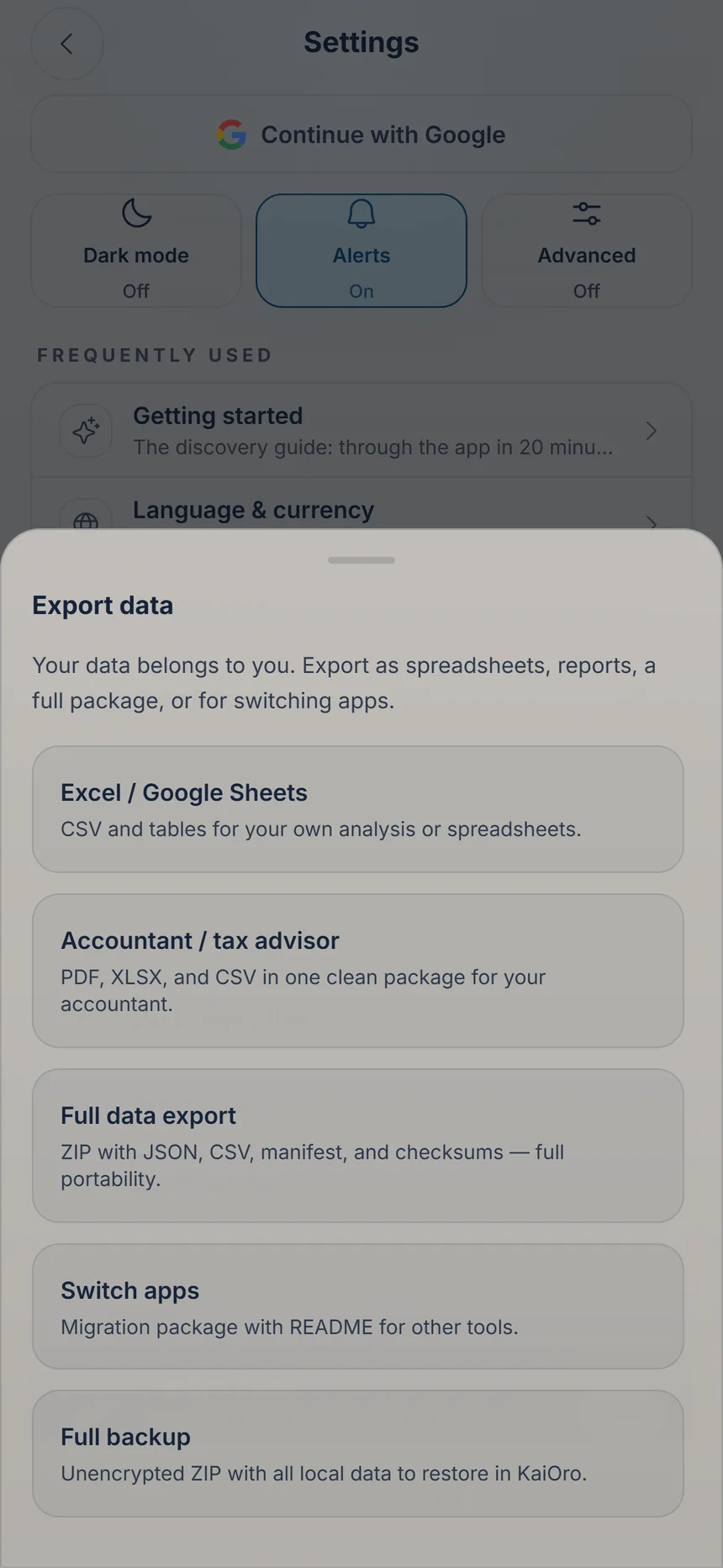 Export center with the export options and the full backup