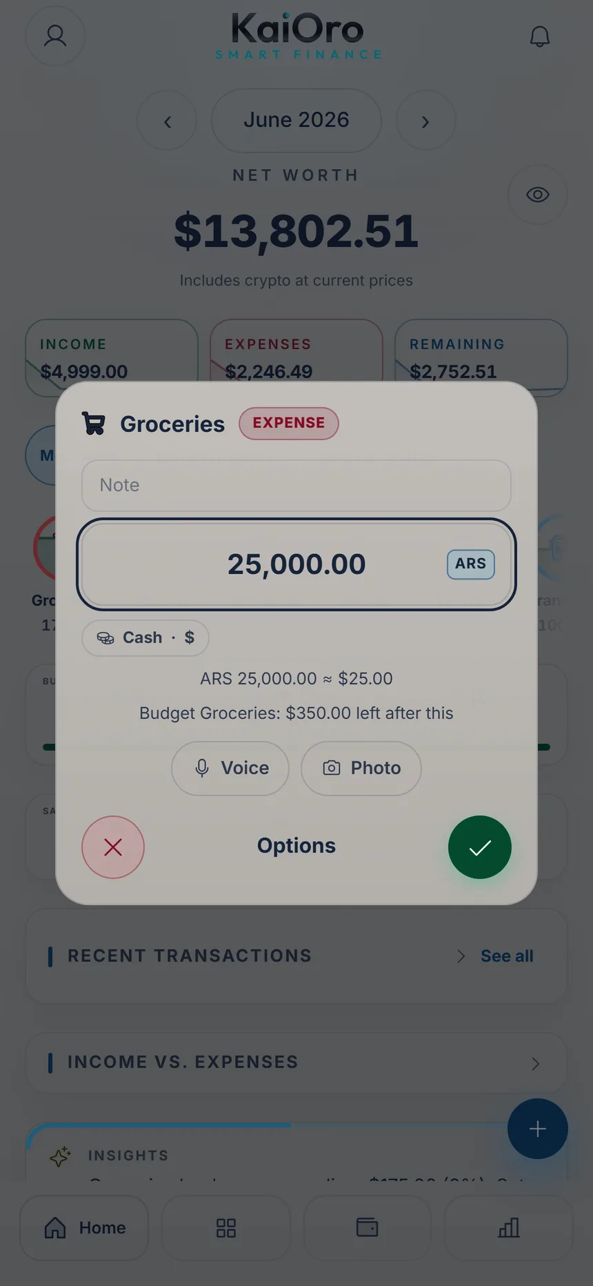 Quick entry with the payment currency switched to Argentine pesos and the conversion below the amount