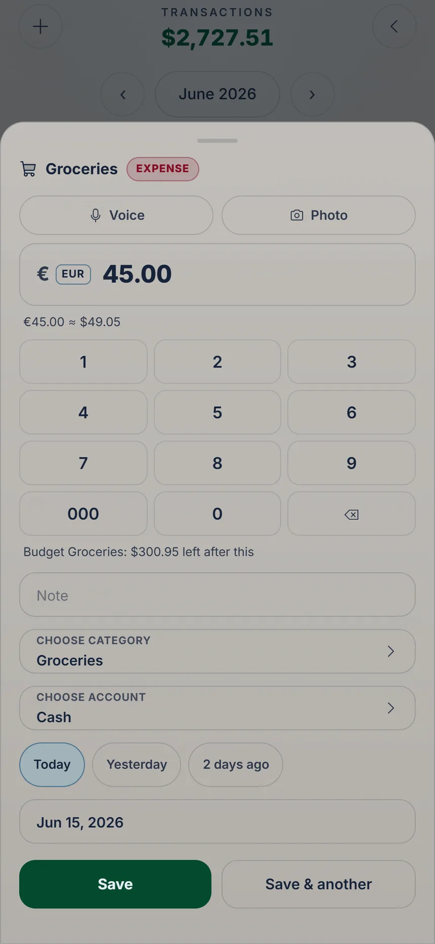 Full form for an expense in euros with the conversion into the account's currency, the account and the date