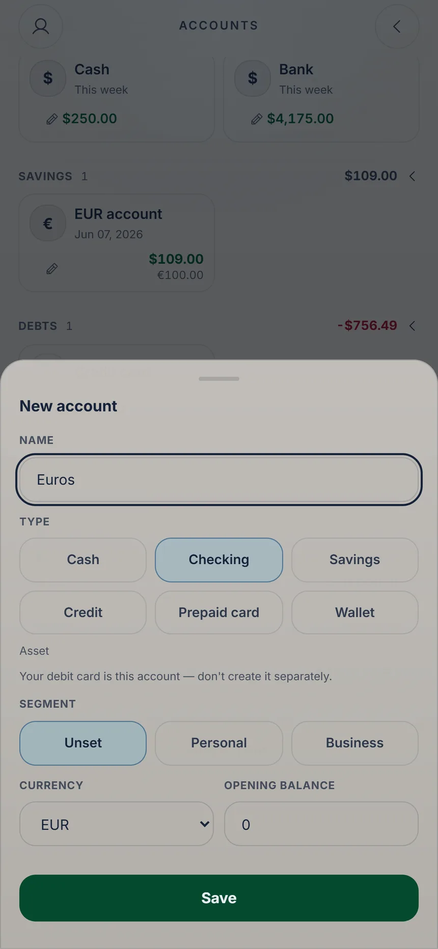 New account form with EUR selected as the currency
