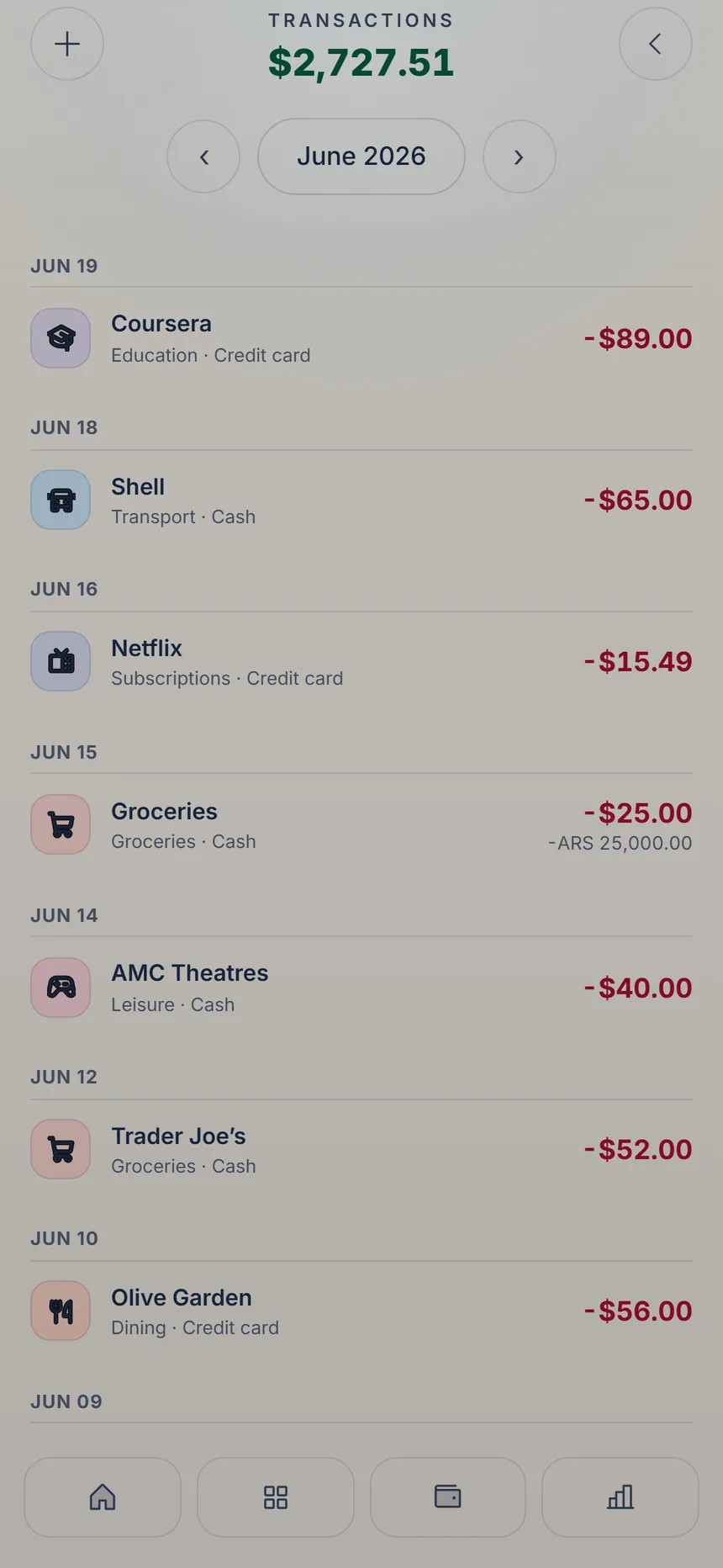 Transaction list with an expense in the base currency on top and the original amount in Argentine pesos below