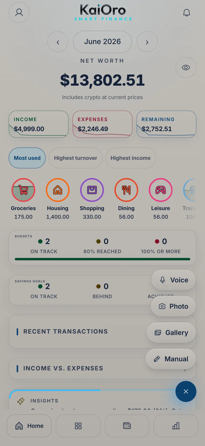 Home with the + menu open: Voice, Photo, Gallery and Manual