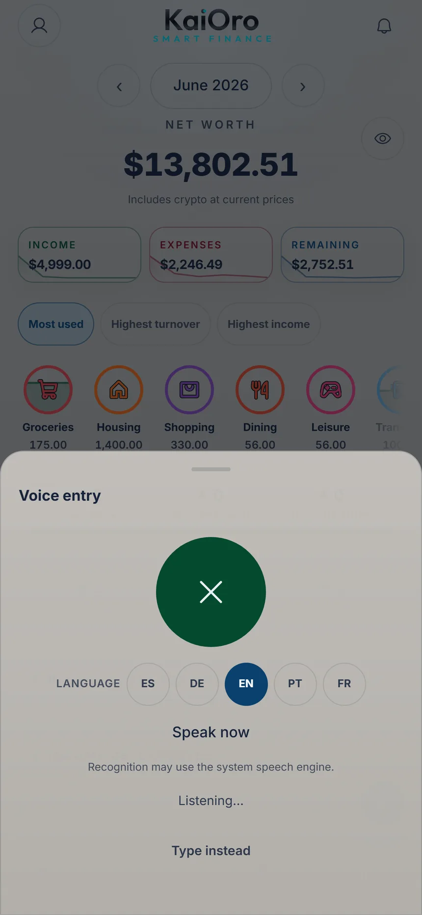 Voice capture listening, with the prompt to speak and the stop button