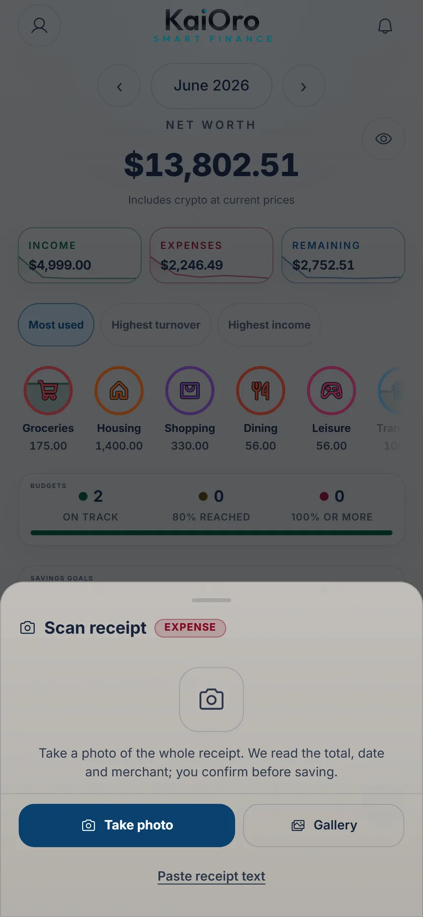 Scan receipt with the Take photo and Gallery buttons
