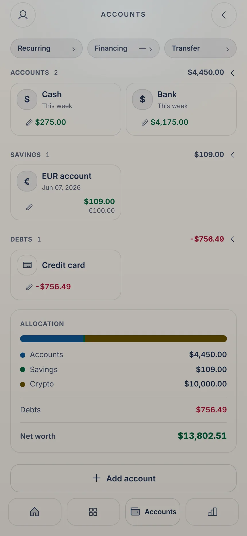 Accounts with your accounts and cards and the Add account button