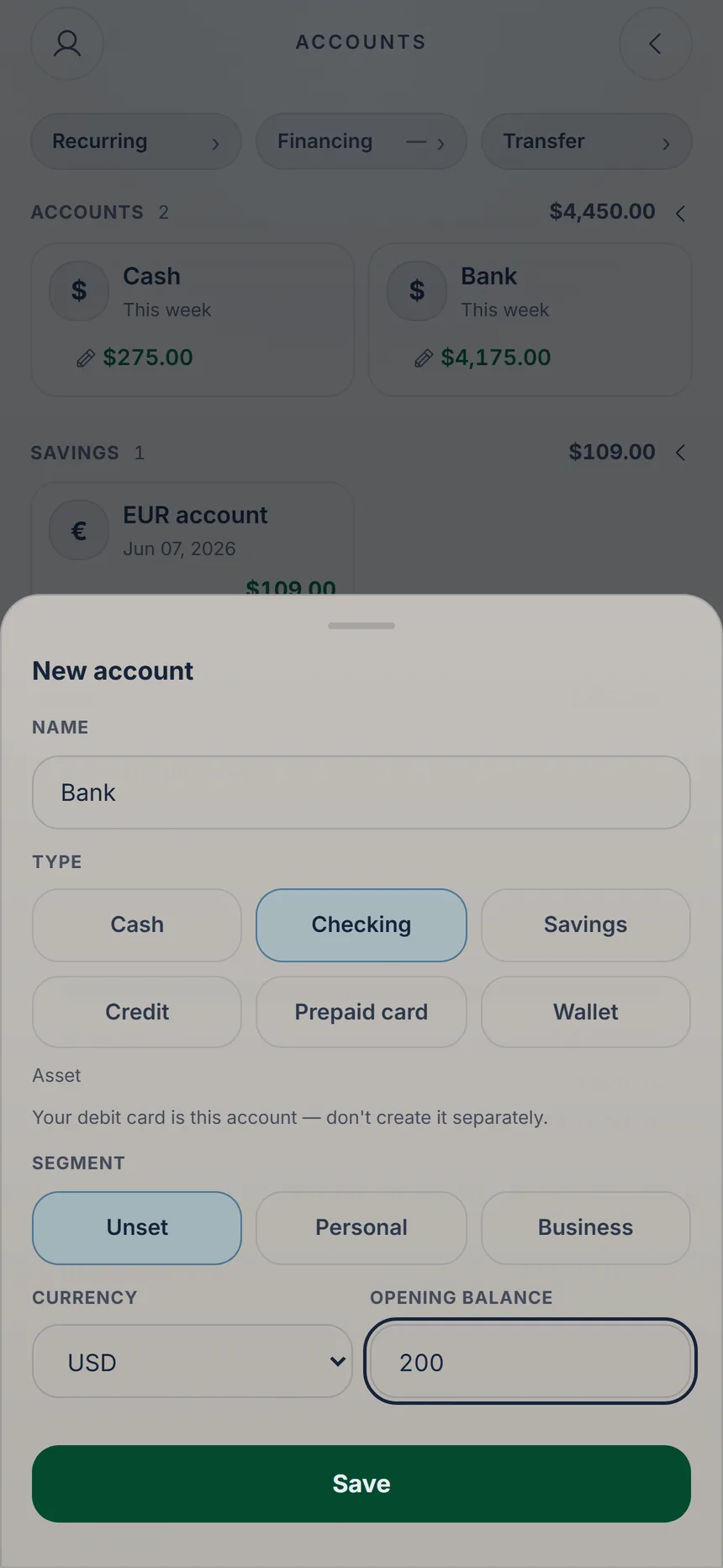New account form with name, type, opening balance and the Save button