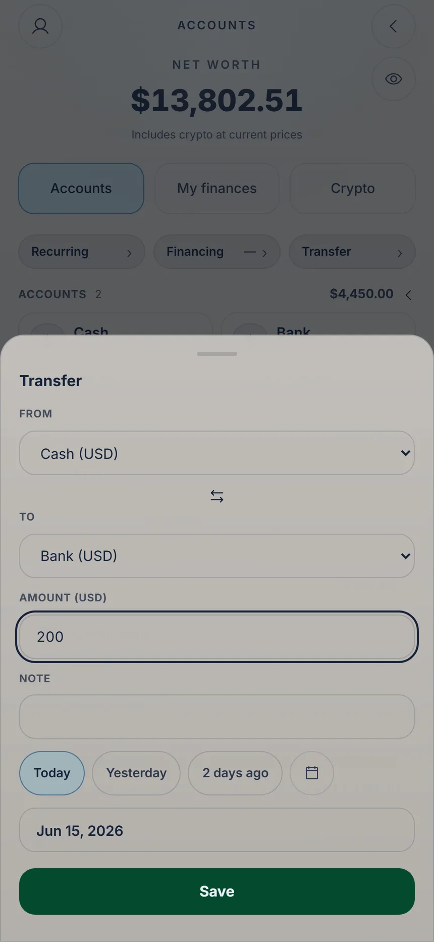 Transfer from Cash to a bank account with the amount typed and the Save button