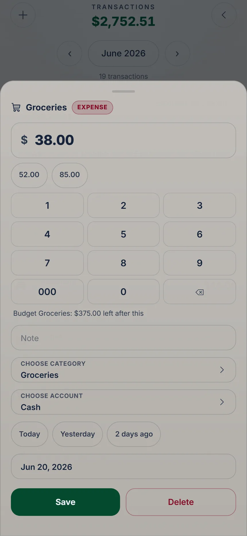 An expense open for correcting, with the Save and Delete buttons