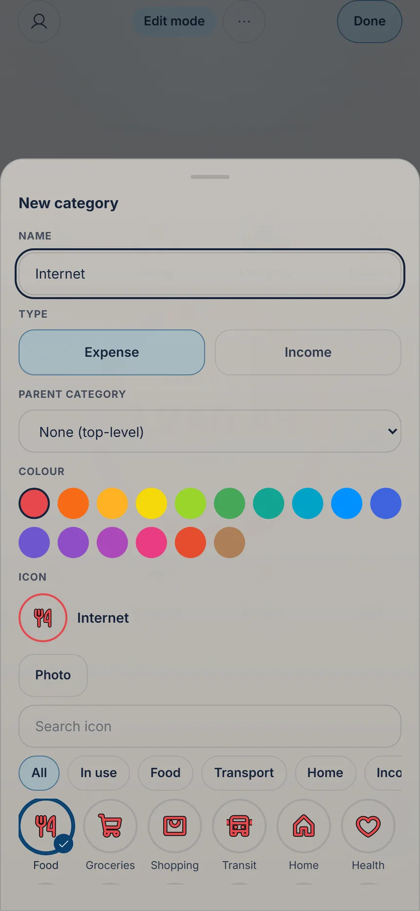 New category form with name, type and the Parent category field