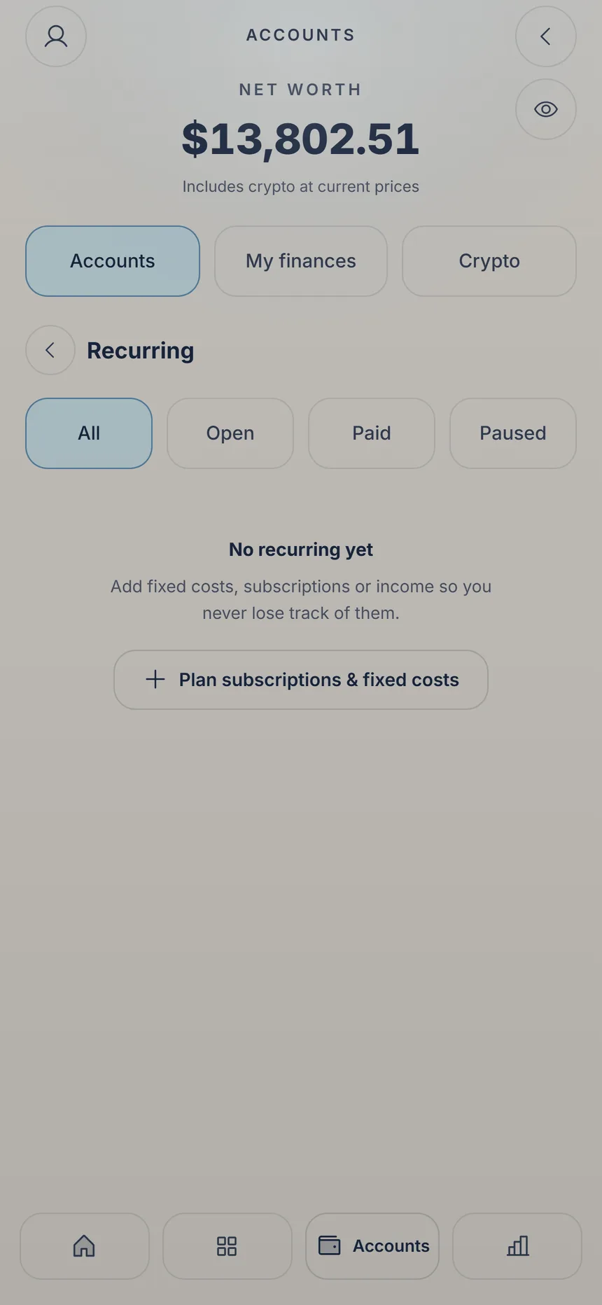 Recurring, still empty, with the button to plan subscriptions and bills