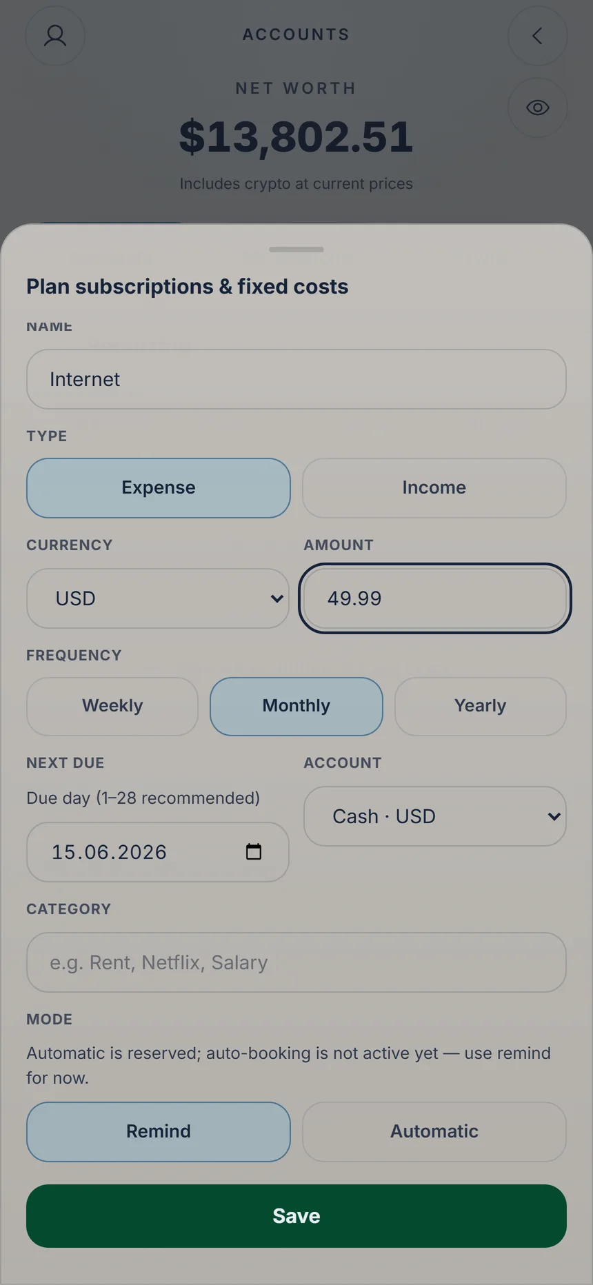 Monthly payment form with the Remind mode and the Save button